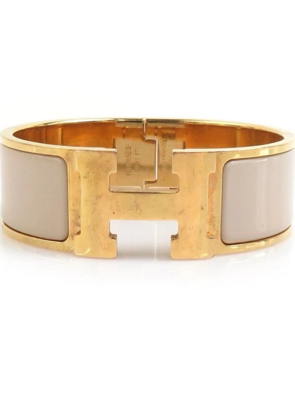 HERMES Clic Clac H Bangle Bracelet Gold/Greige Metal/Enamel